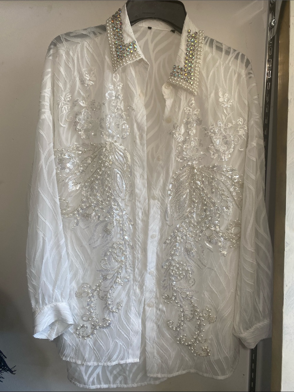 Embellished Sheer White Button-Up Blouse